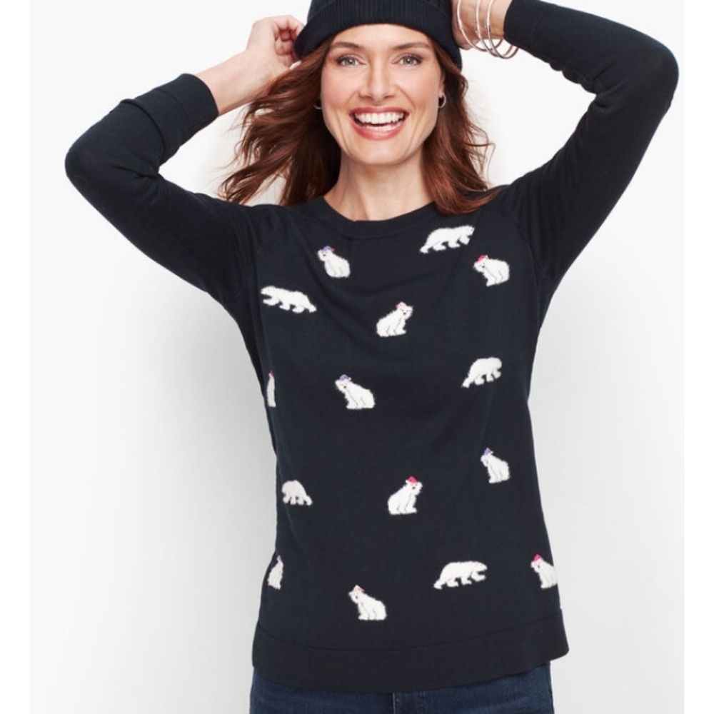 Talbots Mini Polar Bear Sweater w/ Santa Hats Navy